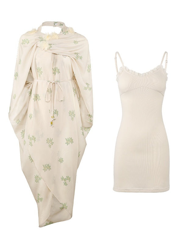 Floral National Style Shawl Dress & Inner One-piece Set-up