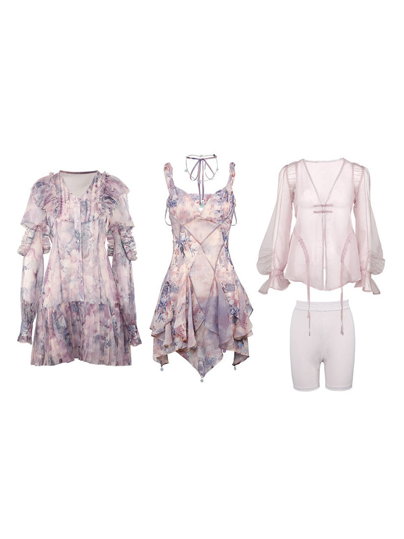 Oil Painting Printed Suspender Dress ＆ Mesh Pleat Dress ＆ Shirt Cardigan