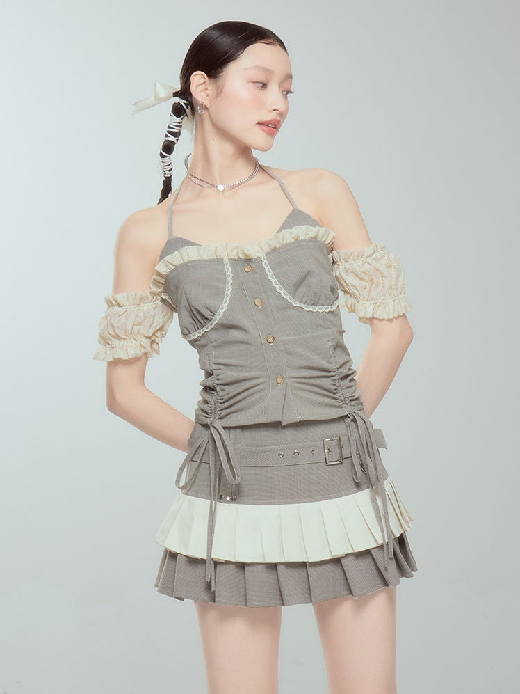 Halter Neck Suspender Top & Short Pleated Cake Skirt