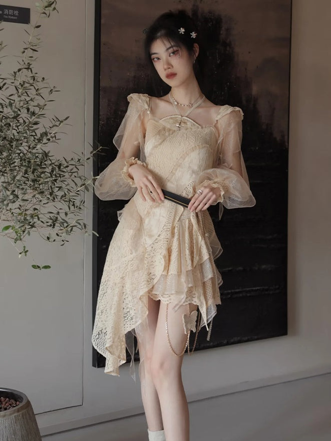 Lace Asymmetry Long Camisole Top ＆ Cake Culottes Skirt & Shawl Top