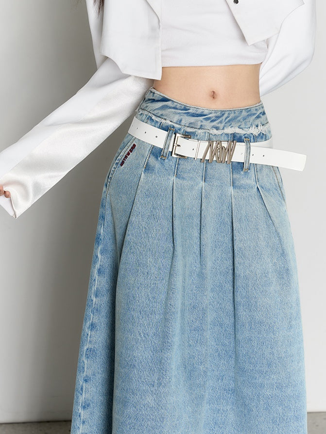 Large Pleated Washed Denim Skirt