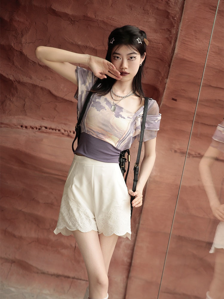 Print Cropped Top & Suspender Tulle Skirt