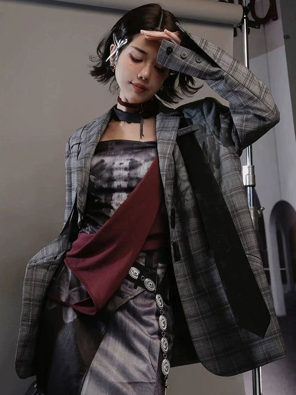 Graffiti Printed Plaid Loose Jacket ＆ Pleated Culottes & Vest ＆ Belt