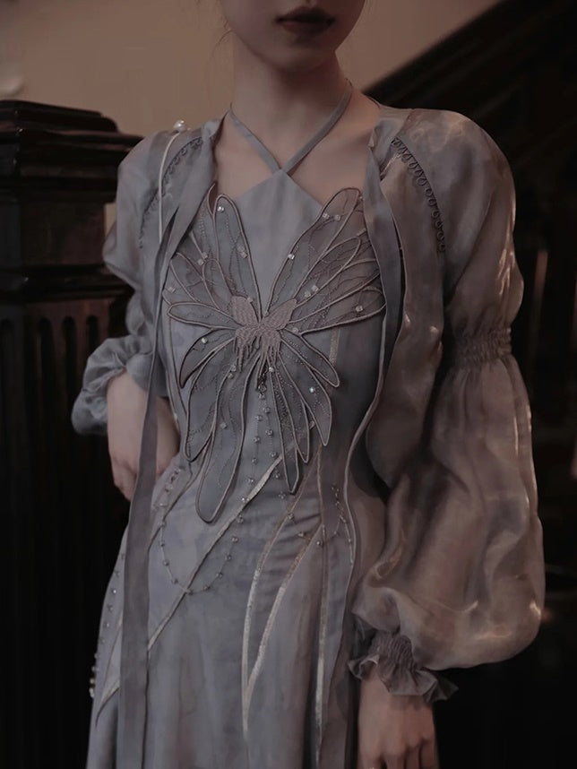 Niche Butterfly Lace Suspender Dress & Sheer Shirt