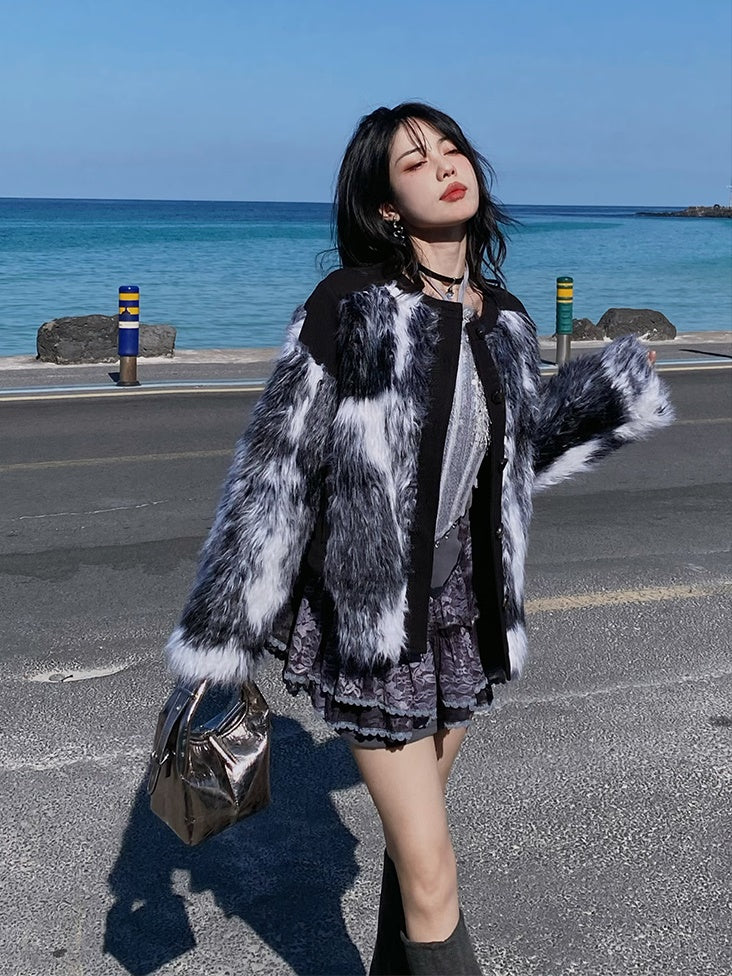 Fluffy Marble Pattern Short Coat