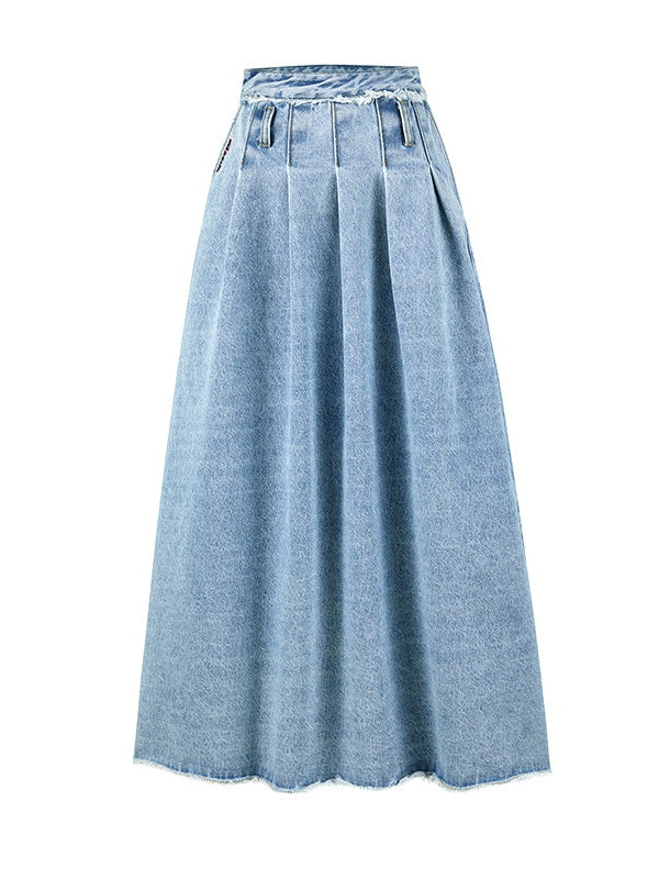 Large Pleated Washed Denim Skirt