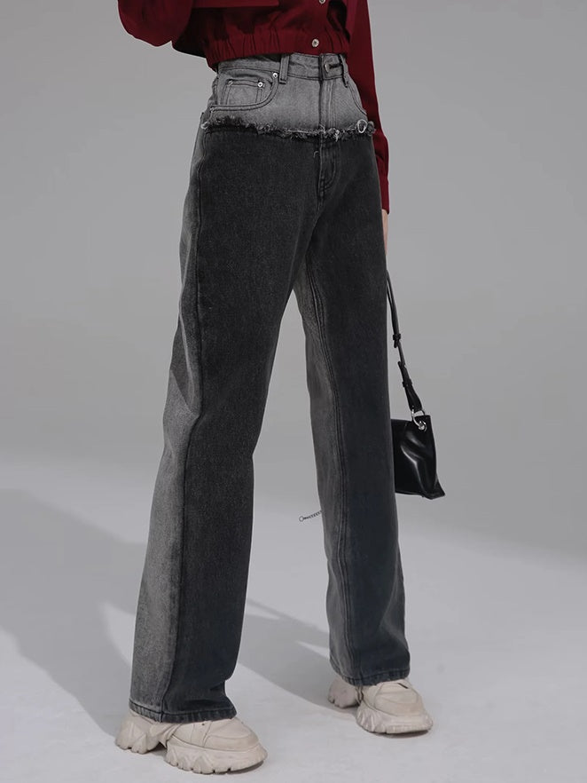 Double Gray Color Matching Mid-rise Jeans