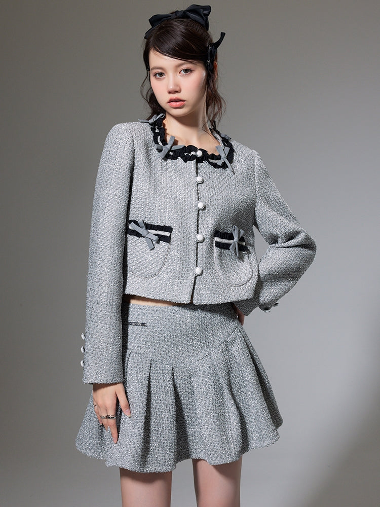 Small Fragrance Bow Cardigan Jacket & Pleated Skirt