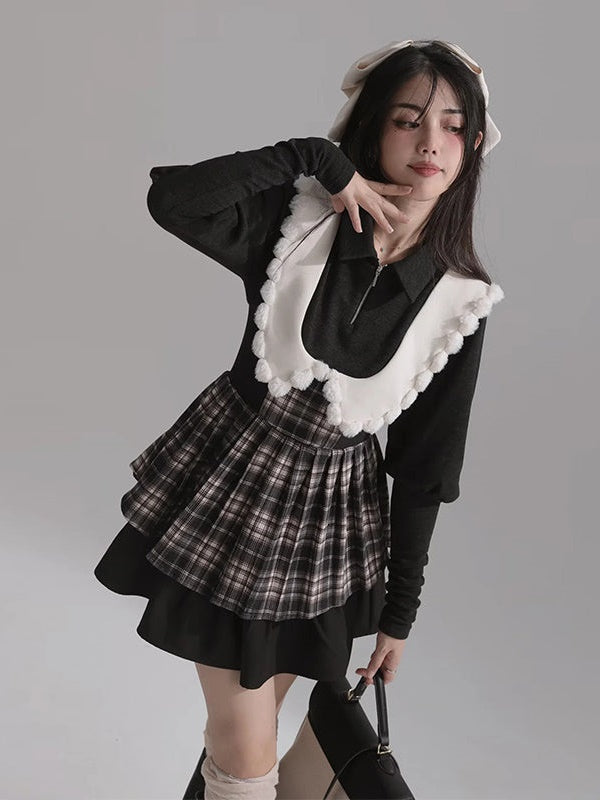 Fake Two Doll Collar Wool Plaid Dress