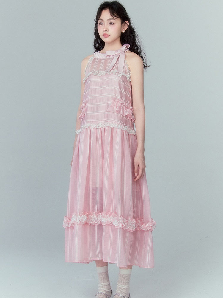 Ruffled A-line Ribbon Hanging Neck Cake One-piece