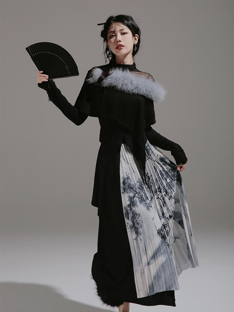 Chinese Ink Pleated Skirt & Shawl & Asymmetry Design Top