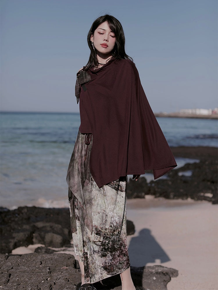 One-Shoulder Switching Forest Dress ＆ Velvet Cape