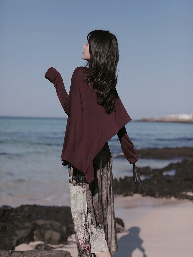 One-Shoulder Switching Forest Dress ＆ Velvet Cape