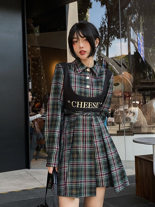 Fake Two-piece Plaid Shirt Dress