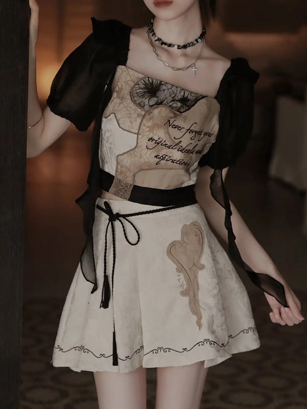 European-style Lace Embroidery Top ＆ Pleat Skirt