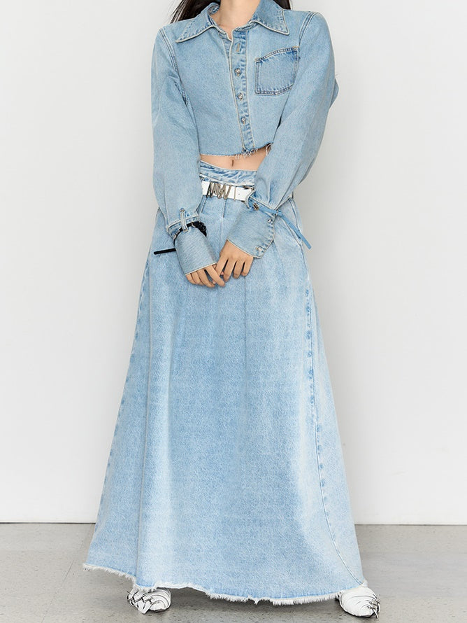 Large Pleated Washed Denim Skirt