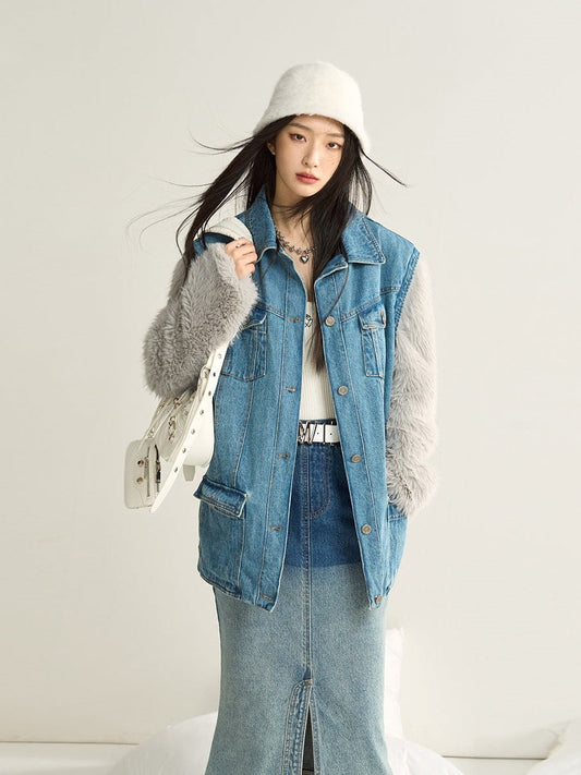 Denim Stitching Fur Jacket