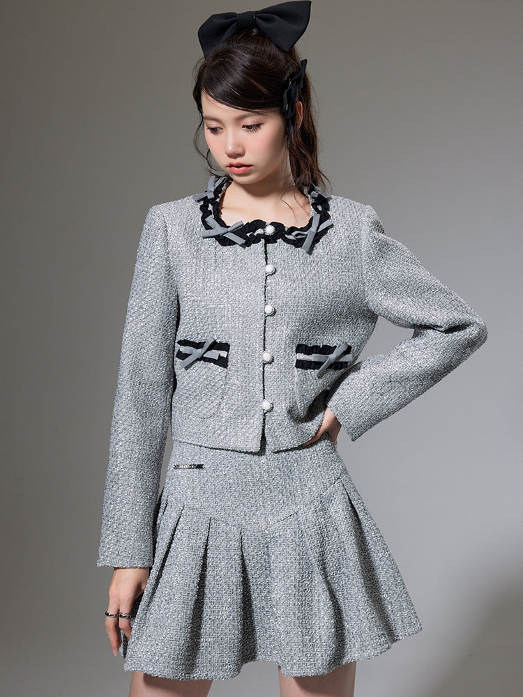 Small Fragrance Bow Cardigan Jacket & Pleated Skirt