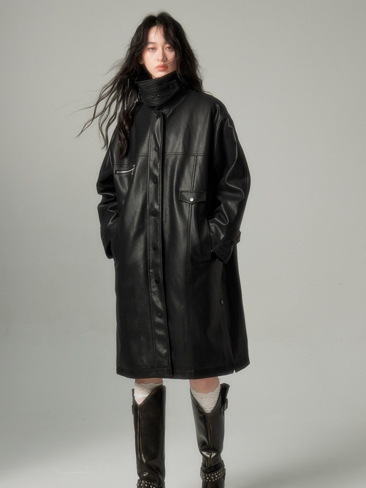 Lapel Quilted Leather Coat