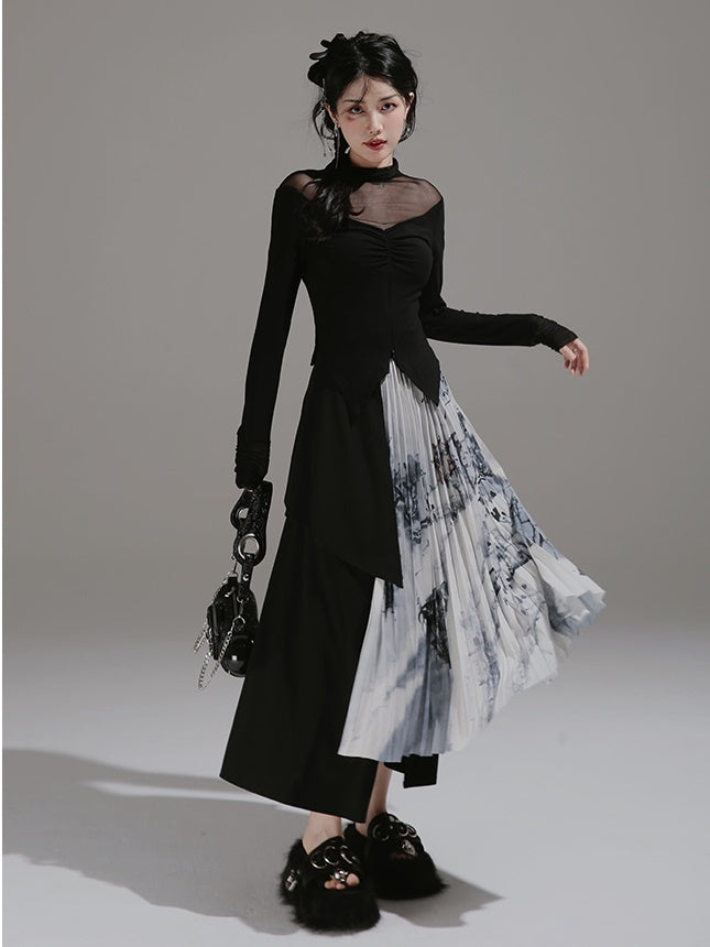 Chinese Ink Pleated Skirt & Shawl & Asymmetry Design Top