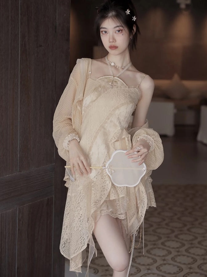 Lace Asymmetry Long Camisole Top ＆ Cake Culottes Skirt & Shawl Top