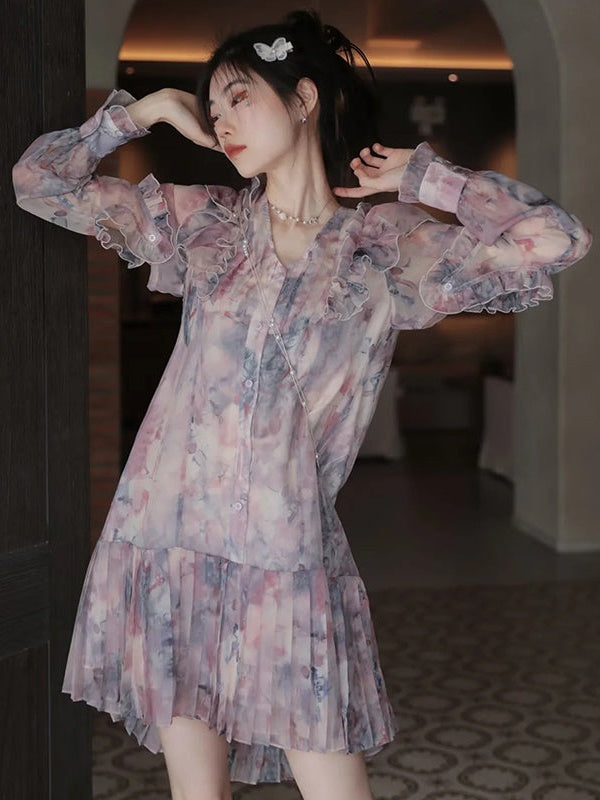 Oil Painting Printed Suspender Dress ＆ Mesh Pleat Dress ＆ Shirt Cardigan