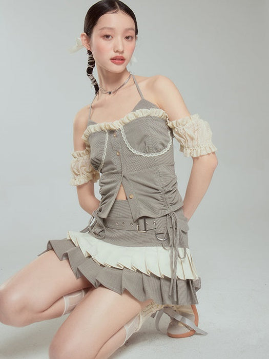 Halter Neck Suspender Top & Short Pleated Cake Skirt