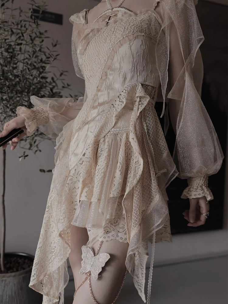 Lace Asymmetry Long Camisole Top ＆ Cake Culottes Skirt & Shawl Top