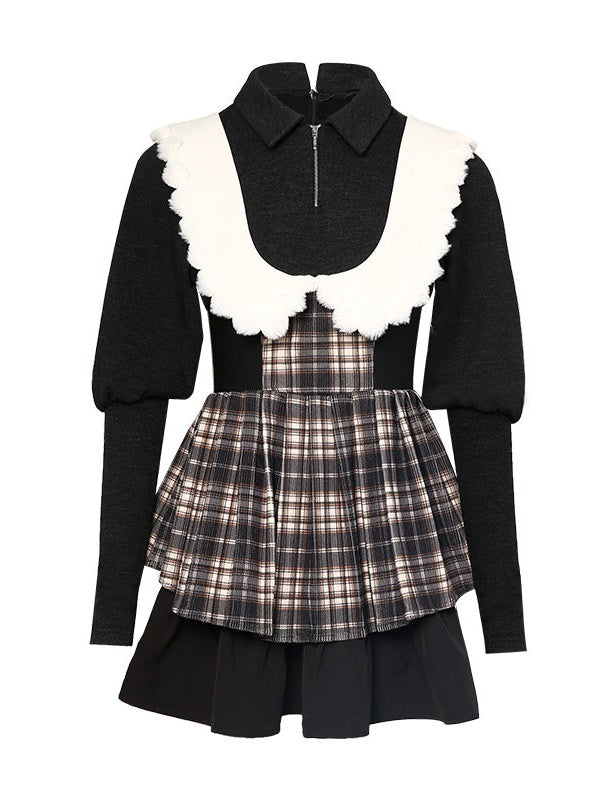 Fake Two Doll Collar Wool Plaid Dress