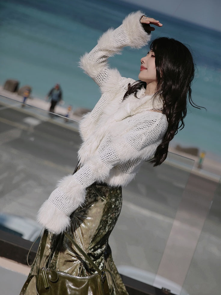 Fluffy Cropped Sweater & Imitation Fur Scarf