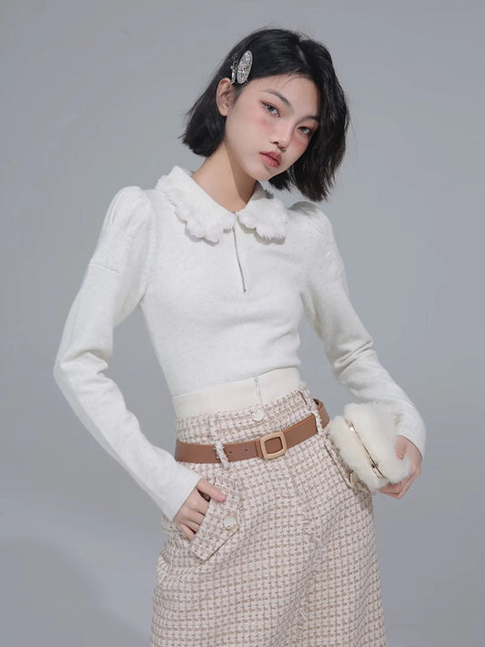 Knitted Fur Ball Collar Shirt