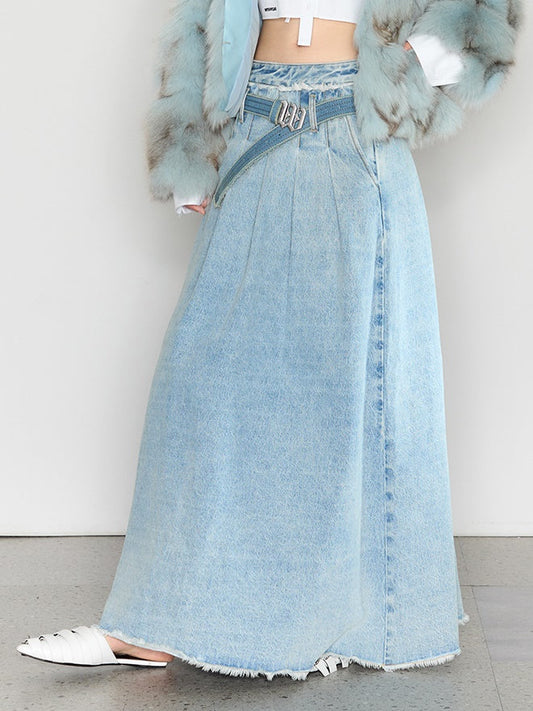 Large Pleated Washed Denim Skirt