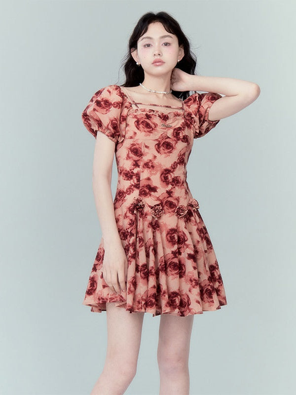 Rose Print Square Collar Puff Sleeve Dress