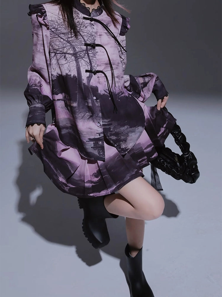 New Chinese National Style Printed Shirt & Skirt