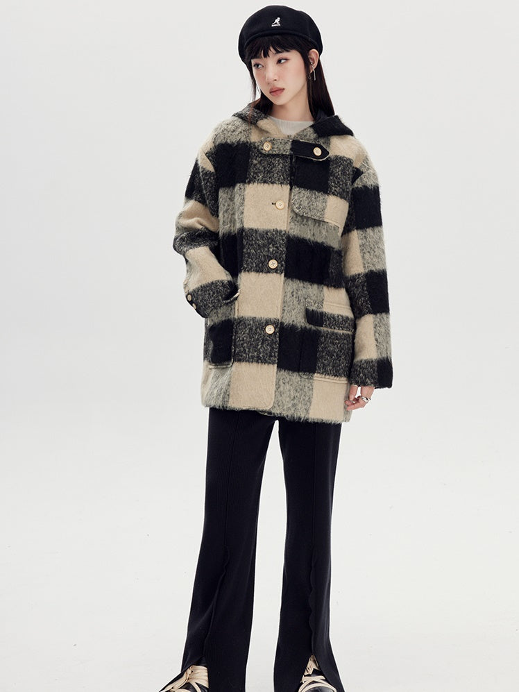 Retro Plaid Wool Hooded Coat