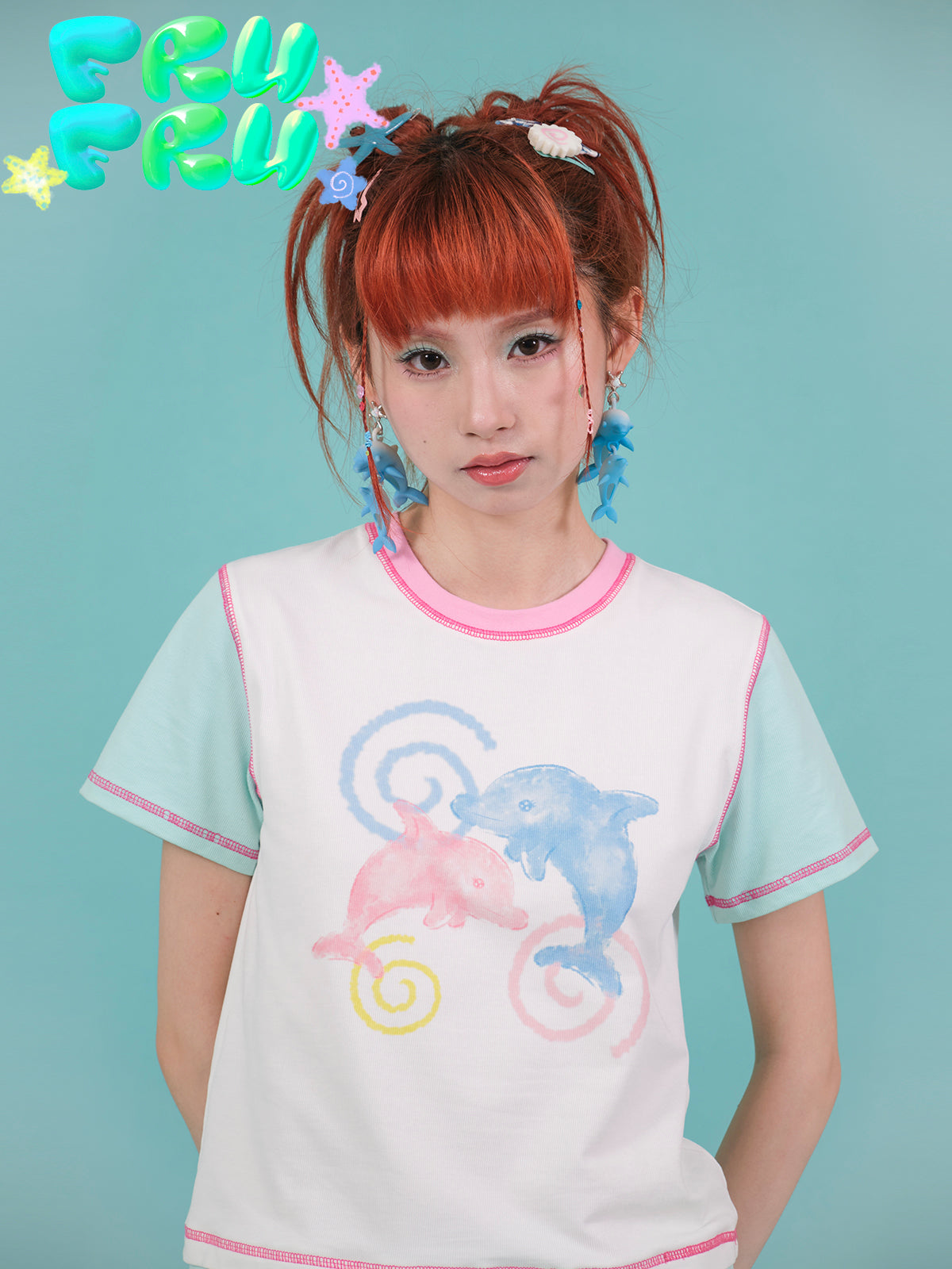 Contrast Color Dolphin Illustration Short T-shirt