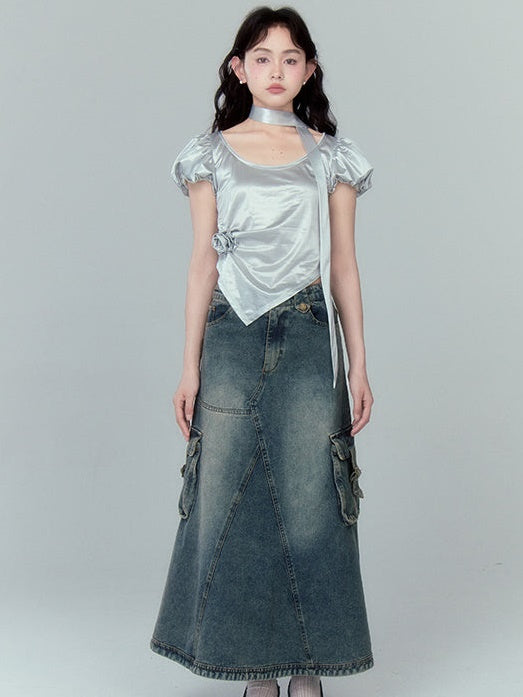 Washed Pocket Decoration A-Line Denim Skirt