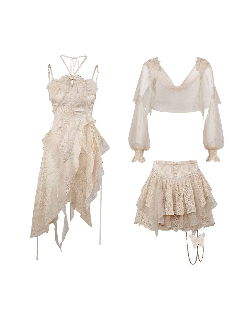 Lace Asymmetry Long Camisole Top ＆ Cake Culottes Skirt & Shawl Top