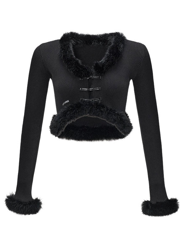 Rabbit Fur Collar Knitted Cardigan