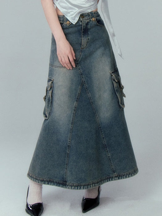 Washed Pocket Decoration A-Line Denim Skirt