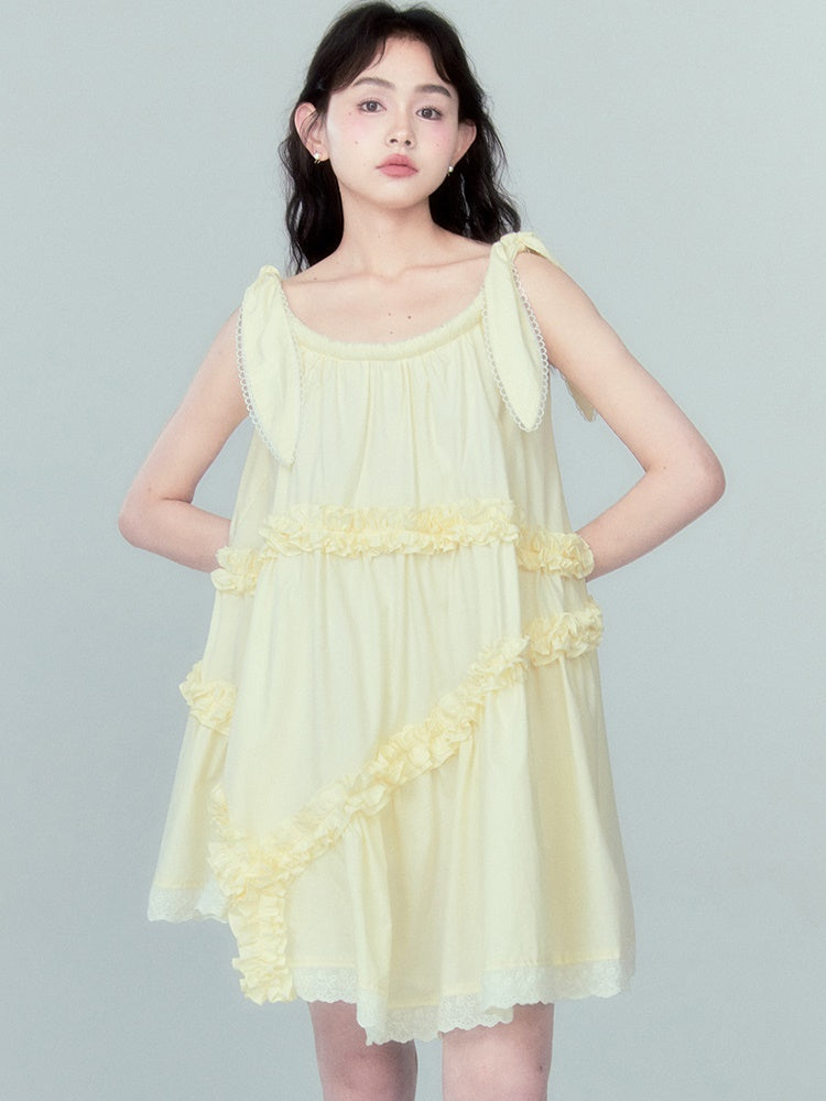 Lotus Leaf Lace Strap Irregular Frill Dress