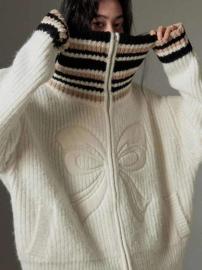 Bow High-neck Knitted Cardigan