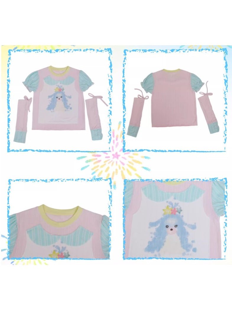 Y2K Hit Color Puppy Print Cotton T-shirt & Arm Cover
