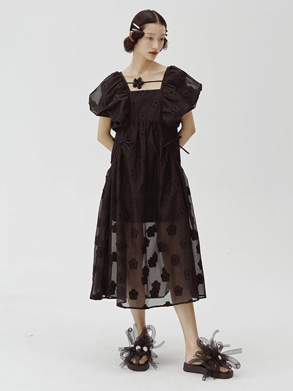 Puff Sleeve Mesh Jacquard Black Dress