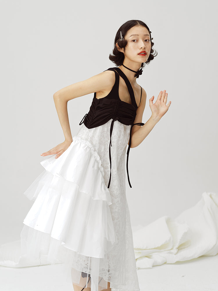 Black And White Irregular Suspender Dress