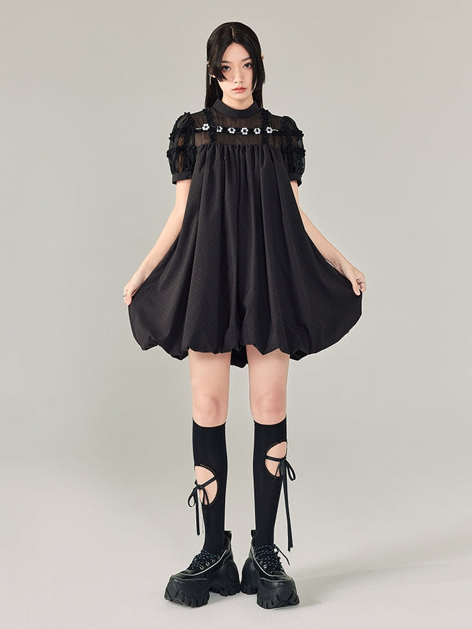 Beaded Short Sleeve Black Dress