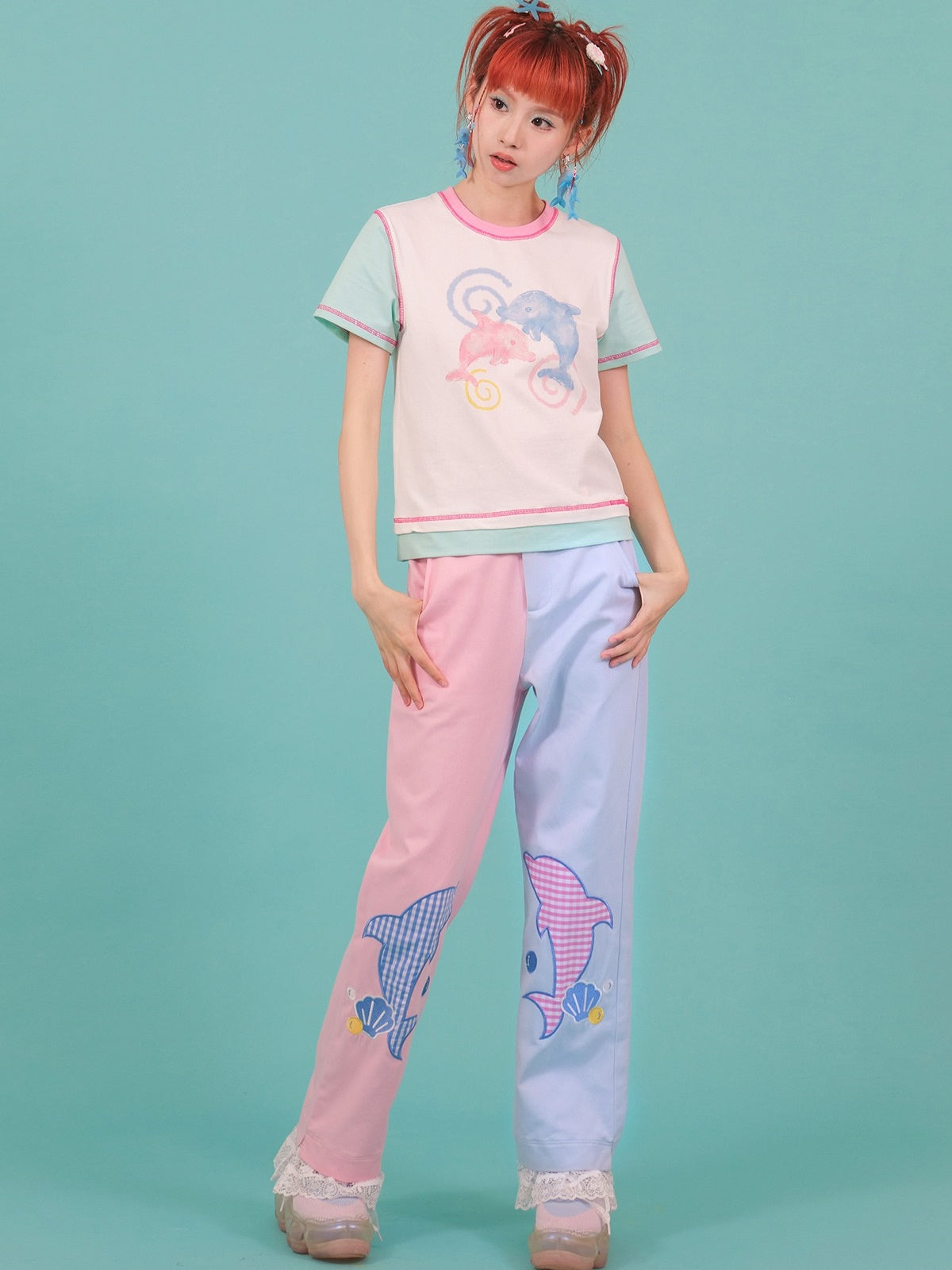 Contrast Color Dolphin Illustration Short T-shirt