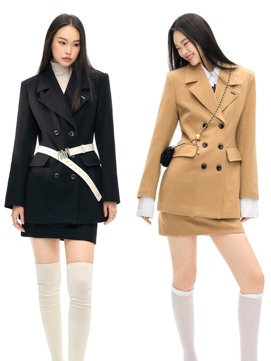 Double Button Wool Coat &amp; Mini Skirt