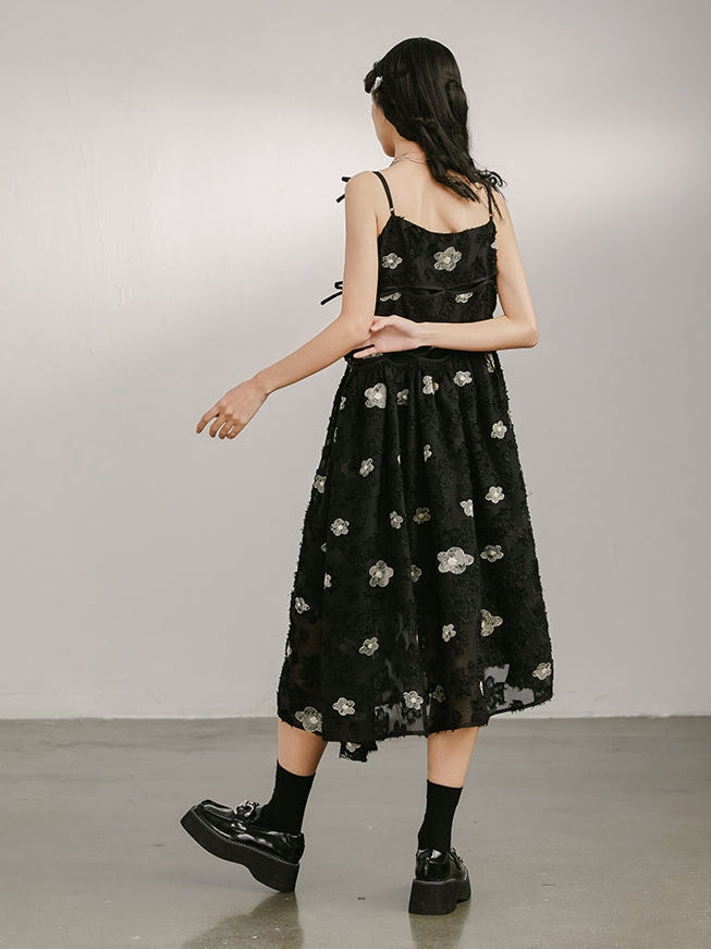 Bow Tie Irregular Sling Midi Embroidered Dress